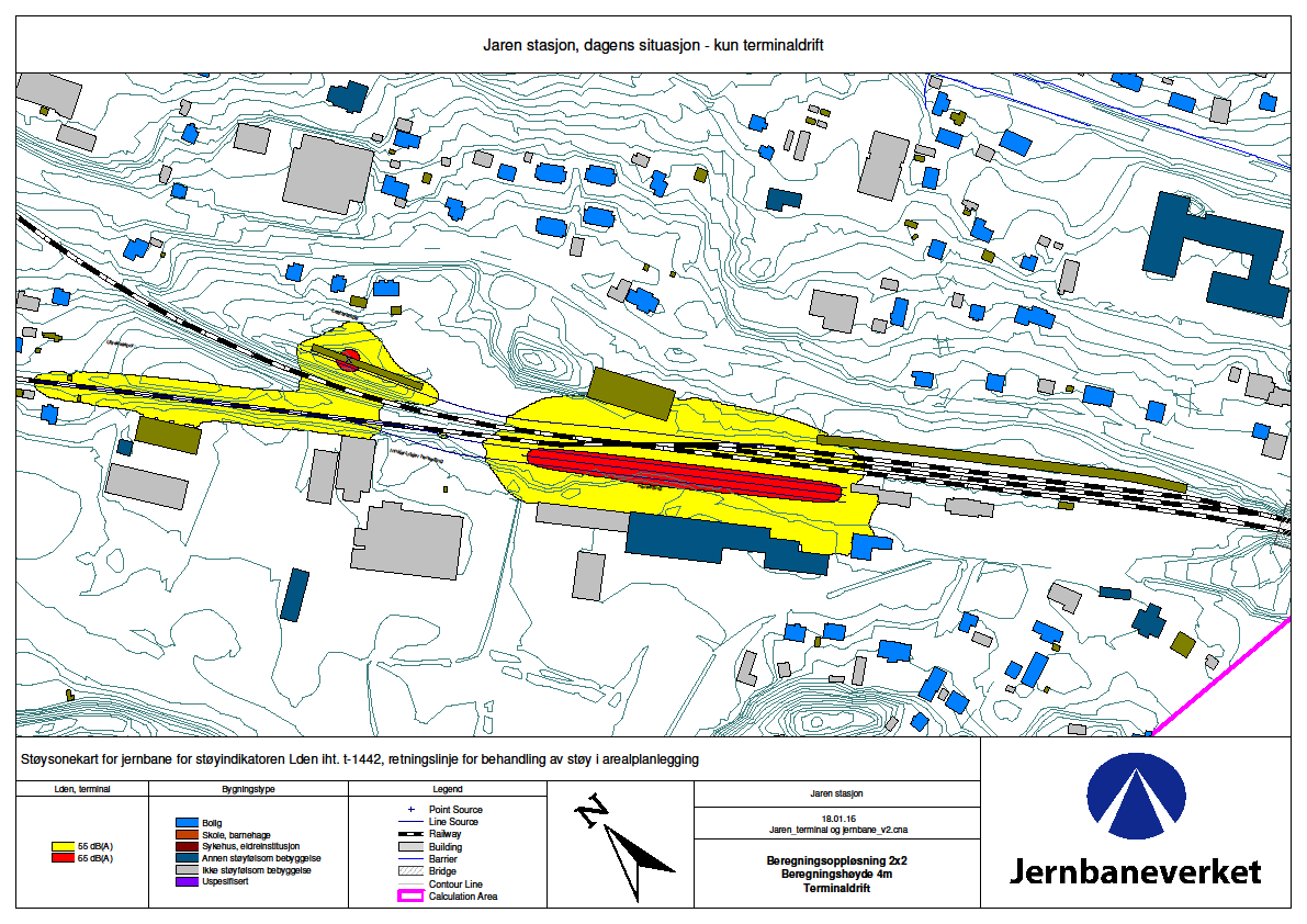 Prosjekt: Jaren stasjon Fag: Støy og vibrasjoner RAPPORT Dokumentansvarlig: Trygve Aasen Side: 14 av 21 Dokument-ID IUP-00-A-05833 Rev.: 00A Godkjent av: nymjar Dato: 22.12.2015 4.2.2 Terminalstøy For terminalstøy er det gjort beregninger iht.