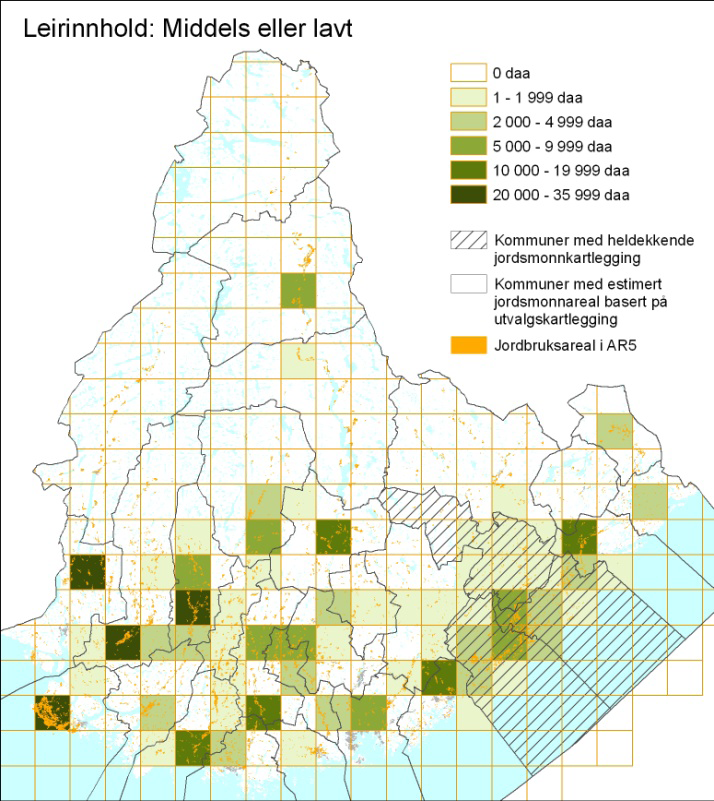 Figur 14. Geografisk fordeling av jordbruksarealenes leirinnhold. Fordelingen av hver klasse er vist i et eget kart.