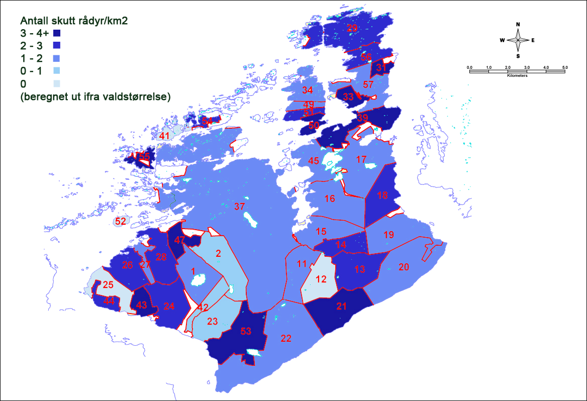 Figur 13: Antall felte rådyr per km 2 innen hvert vald på Averøy høsten 2005.