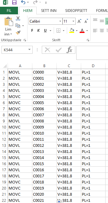 For å dele opp filen som inneholdt 1547 punkter til to filer, benyttet vi Excel.