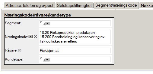 Vi har et eget register for Næringskoder koblet mot råvare. Næringskodene er tilsvarende som i enhetsregisteret, men vi har bare med de som er aktuelle.