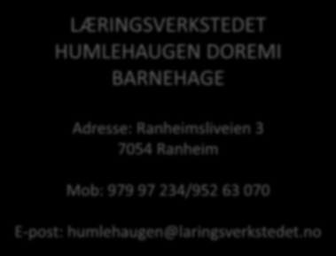 LÆRINGSVERKSTEDET HUMLEHAUGEN DOREMI BARNEHAGE Adresse: Ranheimsliveien 3