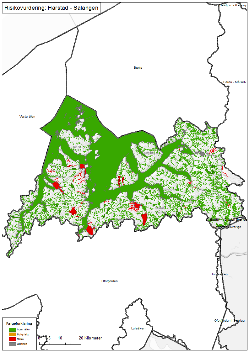 2.2 Lokale tiltaksanalyser Vannområdet Harstad-Salangen: Figur 2.2 Overordnet kart for vannområdet Harstad-Salangen. Risikostatus for de enkelte vannforekomster vises med ulik farge.