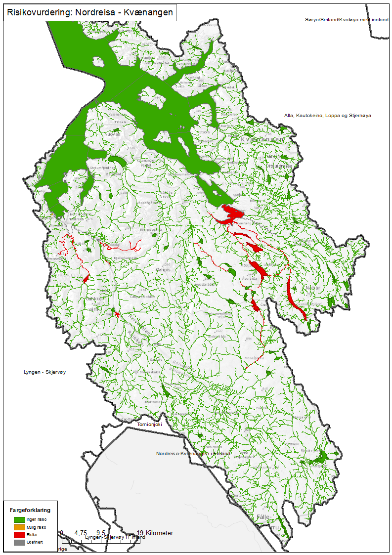 Vannområdet Nordreisa-Kvænangen: Figur 2.7 Viser et overordnet kart for vannområdet Nordreisa-Kvænangen. Risikostatus for de enkelte vannforekomster vises med ulik farge.