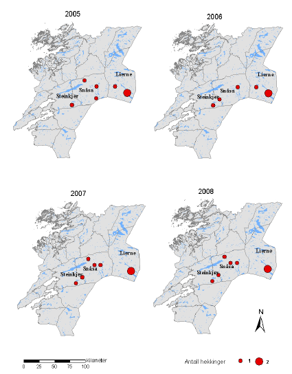 Figur 6. Hekkelokaliteter hos fiskeørn i Nord Trøndelag fra 2005 til 2008. Det ble registrert sju hekkende par fiskeørn i Nord-Trøndelag i 2005, 2007 og 2008.