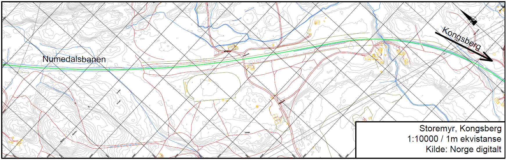 3.3 Alternativ 3 Storemyr Området ligger ca. 4,5 kilometer nord for Kongsberg stasjon langs Numedalsbanen som ikke er elektrifisert.