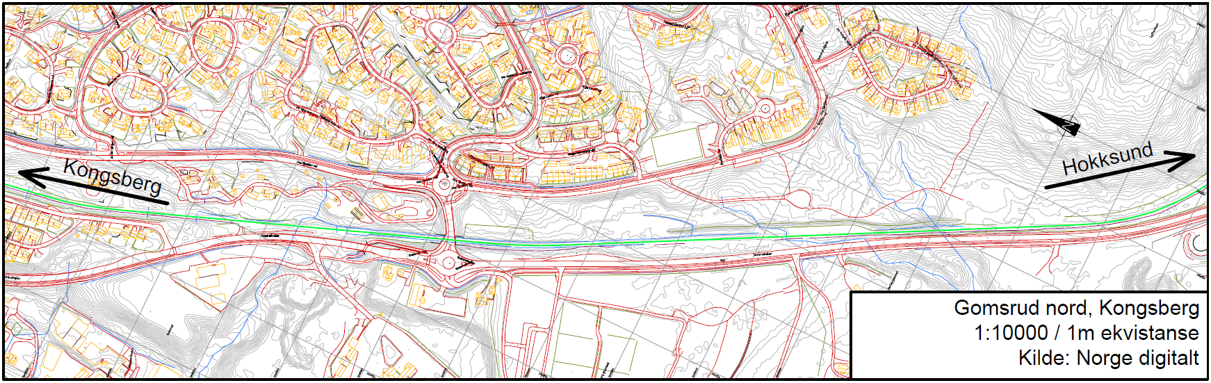 3.4 Alternativ 4 Gomsrud nord Området ligger ca. 4,5 kilometer sørøst for Kongsberg stasjon. Arealet ligger tett opp mot Gomsrud boligfelt, men er ikke utbygd.