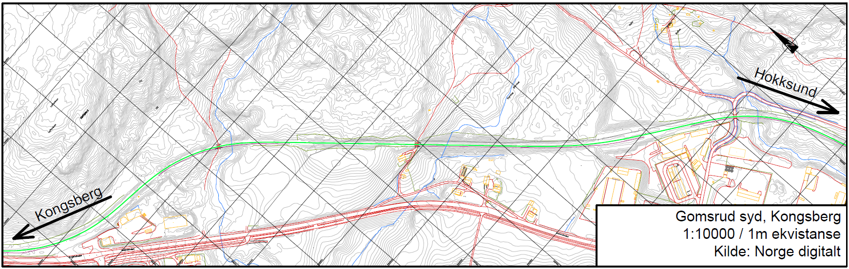 3.5 Alternativ 5 Gomsrud syd Området ligger ca. 5 kilometer sørøst Kongsberg stasjon. Grunnen i området består av breelvavsetninger og noe tykk havavsetning lengst øst.