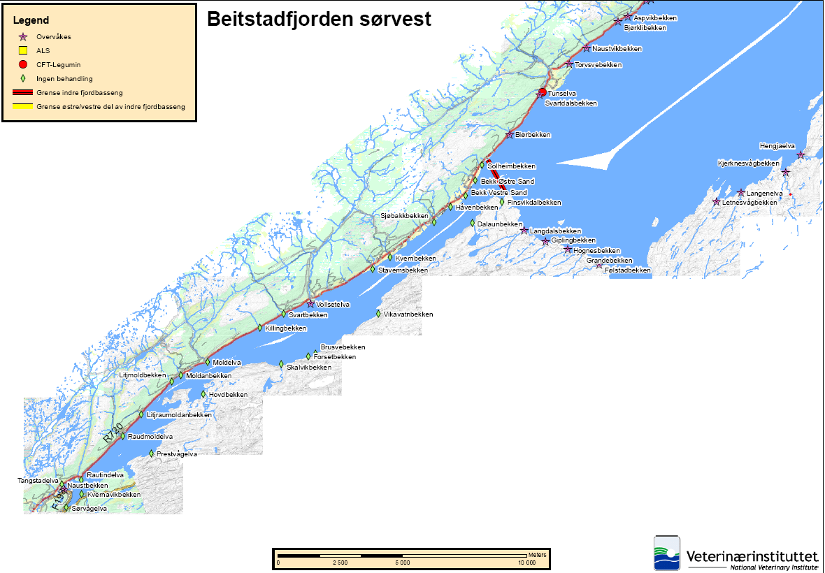 Kart 1 Oversikt over alle registrerte elver/bekker som drenerer til nord-østre del av Beitstadfjorden.