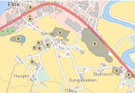 Figur 2. Funn markert med R-symbol, og freda kulturminneområde merka med grått. Tilkomstveg vil gå gjennom to freda kulturminneområde (Kjelde: www.kulturminnesok.no).