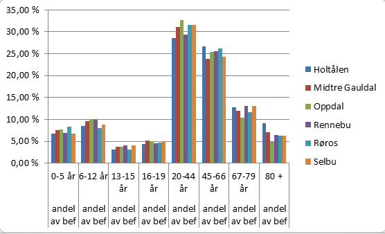 Figur 3: Aldersgruppers prosentvise andel av befolkningen i Blilystregionen (2000, 2007 og 2013) Merknader til Figur 3: Blilyst-regionen her er kommunene Holtålen, Midtre Gauldal, Oppdal, Rennebu,