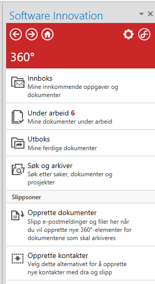 Outlook-klientens sidepanel presentasjon I det røde feltet viser hvilket nivå i P360 du er på (sak, dokument, fil) her vises forsiden. Piltastene bruker du for å bla til/fra sider du nettopp var i.