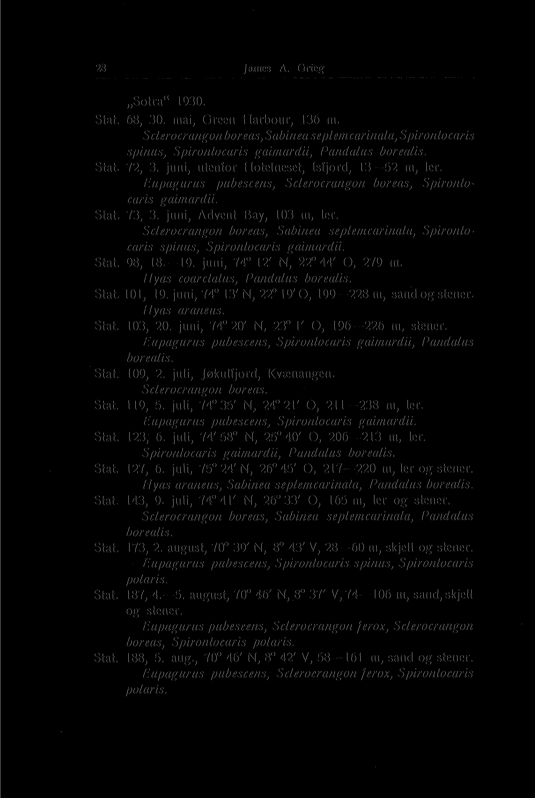 28 Jannes A. Grieg' Sotra" 1930. Stat. 68, 30. mai, Green Harbour, 136 m. Sclerocrangon boreas, Sabinea septemcarinata, Spirontocaris spinus, Spirontocaris gaimardii, Pandalus borealis. Stat. 72, 3.