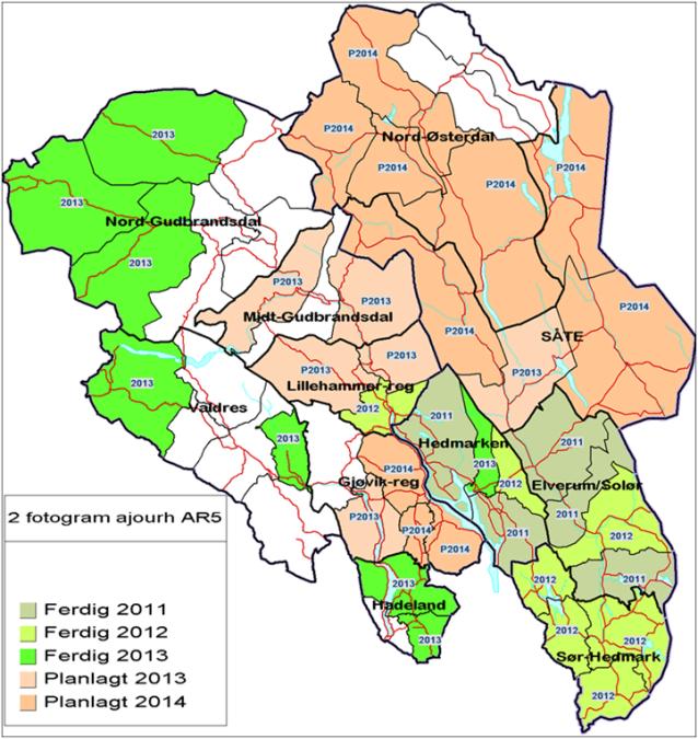 gangs periodisk ajourføring pågår, omtrent halvparten av kommunene i Hedmark og Oppland gjenstår.