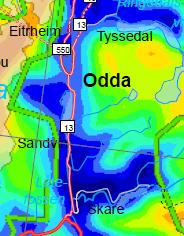 år i store deler av området. I enkelte deler av området kan en komme opp i 3000 fullasttimer pr. år. Med våre store fjellområder er det store vindkraftressurser i Odda.