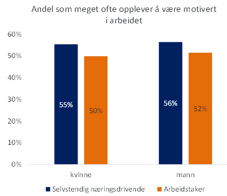 De selvstendig næringsdrivende er både mer fornøyd med arbeidsplassen og mer motiverte. 16 Avvikene er tydelige men ikke store.