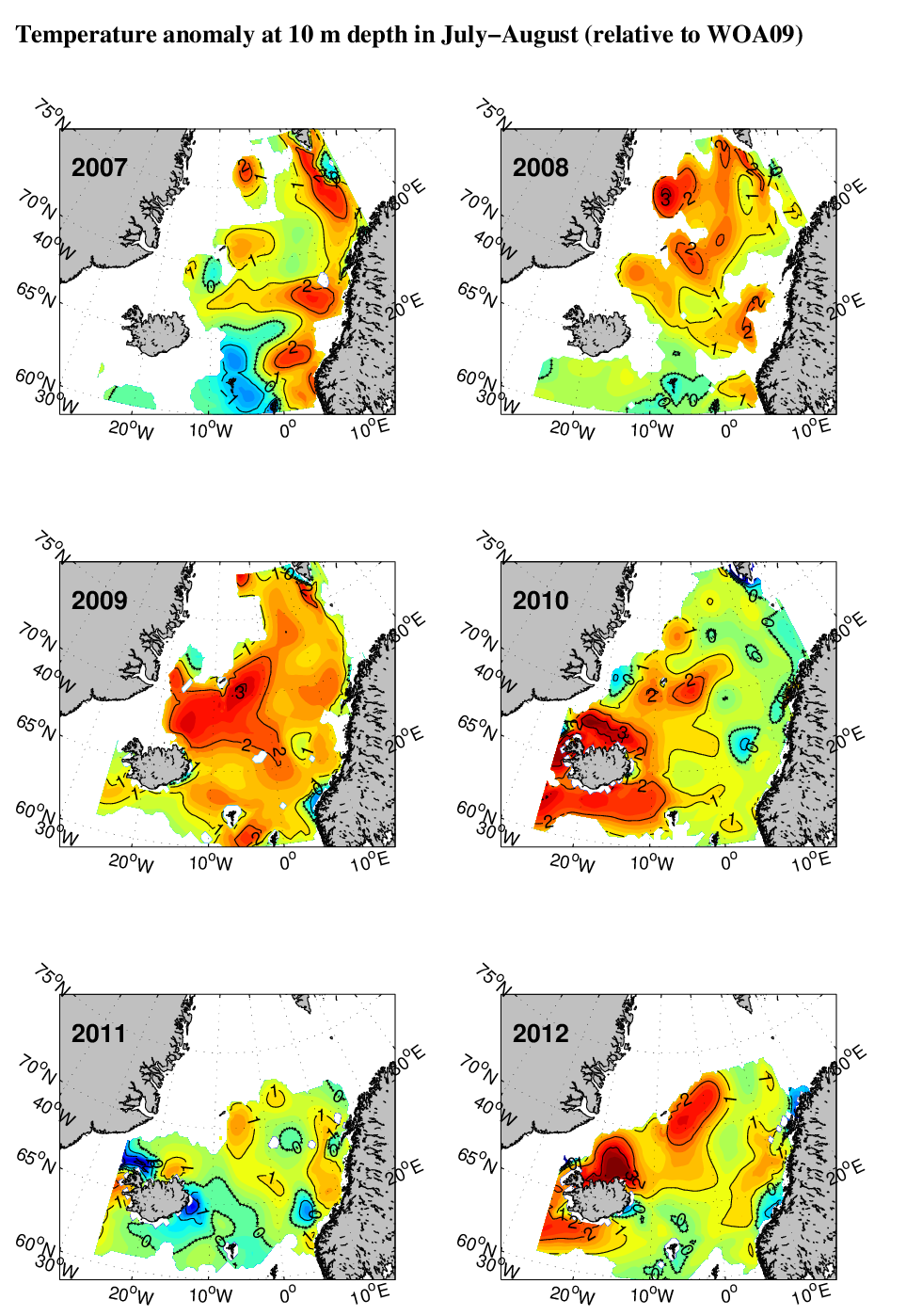 emperatur anomalier ved 0 m dyp juli-aug 2007-2012 Rekord høye