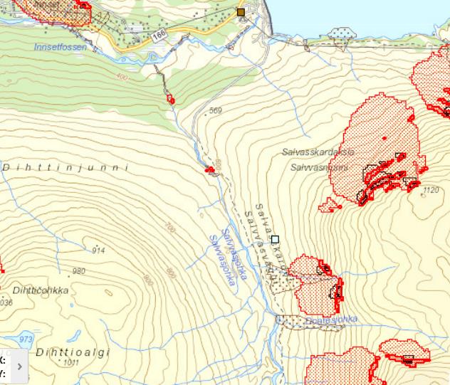 Jordskred i 2012 Potensielt jord-flomskredfare Snøskred i 2008 Figur 14 Skredatlas, kilde NVE. Middelflommen ved det planlagte inntaket er estimert fra tilløpsserien til 37,5 m³/s.