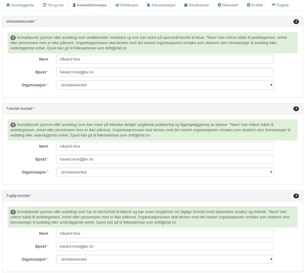 1.3 Arkfane: Kontaktinformasjon: Det er kun påkrevd å angi e-post og organisasjon.