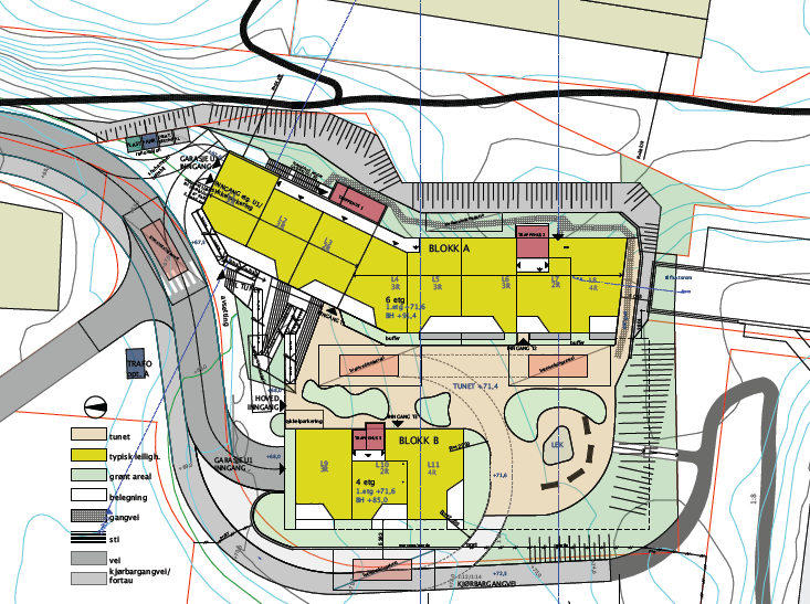 4 Metode og forutsetninger 4.1 Situasjon N Figur 2: Situasjonsplan Det er planlagt oppført leiligheter i to blokker. Blokk A er planlagt med 6 etasjer. Blokk B er planlagt med 4 etasjer.