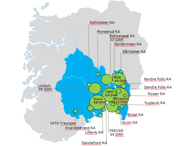 4. BIOGASSPRODUKSJON 4.1 Produsenter av biogass Figur 6 viser en oversikt over produsenter av biogass i Oslofjordregionen. For anlegg større enn 10 GWh er produksjonskapasiteten oppgitt i figuren.