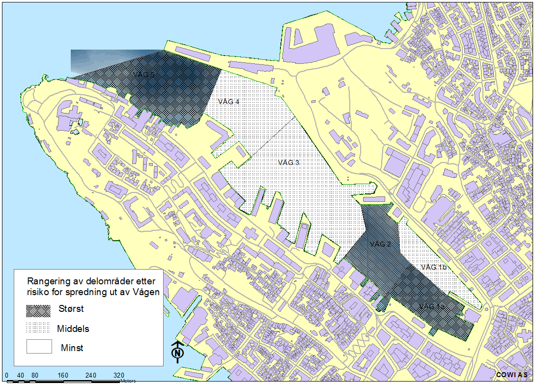 OPPDATERT RISIKOVURDERING AV FORURENSET SJØBUNN I VÅGEN, 61/69 Vågen liten. Med sterk vind ble større mengder partikler resuspendert og transporten ut av Vågen kunne bli betydelig [28].