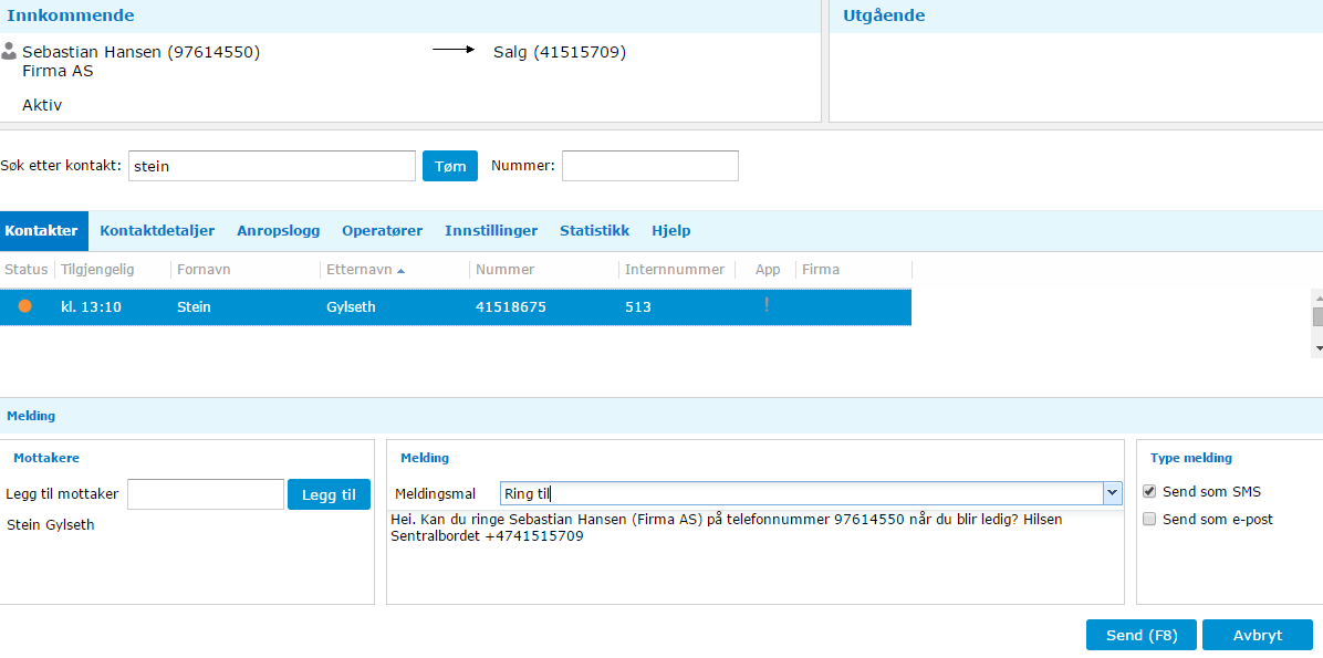 3.25. Meldingsmal For å gjøre det enkelt for operatøren er det mulig å definere 10 ferdig/standard-meldinger som også har muligheten til å automatisk lime inn informasjon som innringerens navn,