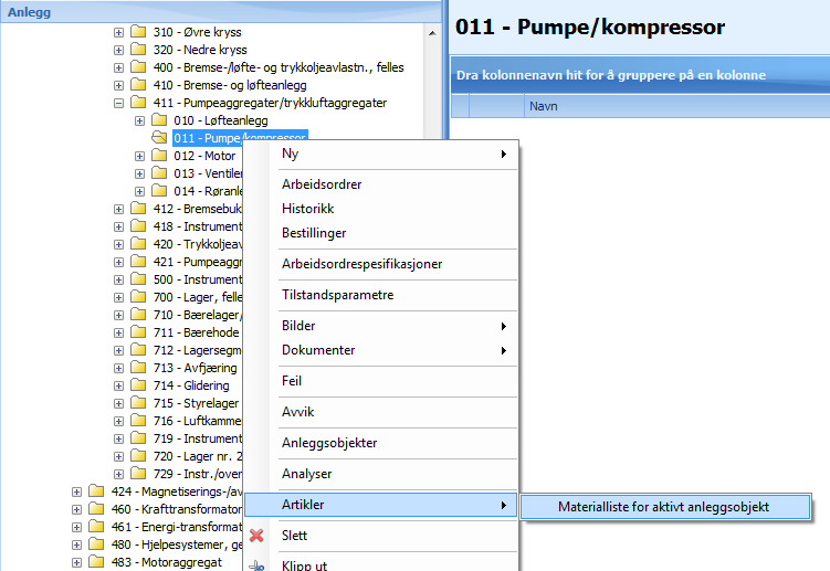 Menyvalget vil returnere en liste til høyre i skjermbildet over artikler (reservedeler) tilknyttet anleggsobjektet, inkludert detaljinformasjon om artikkelens lagerlokasjon og antall på lager.