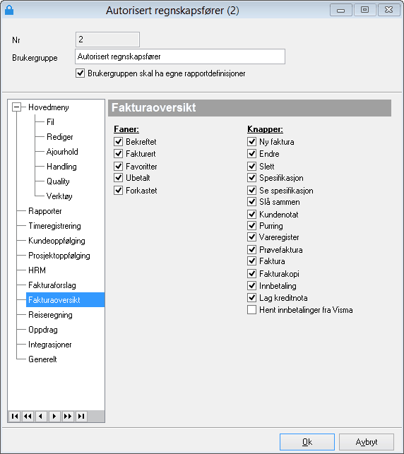 116 5.10.8 Fakturaoversikt Her gis tilganger til Fakturamenyen.