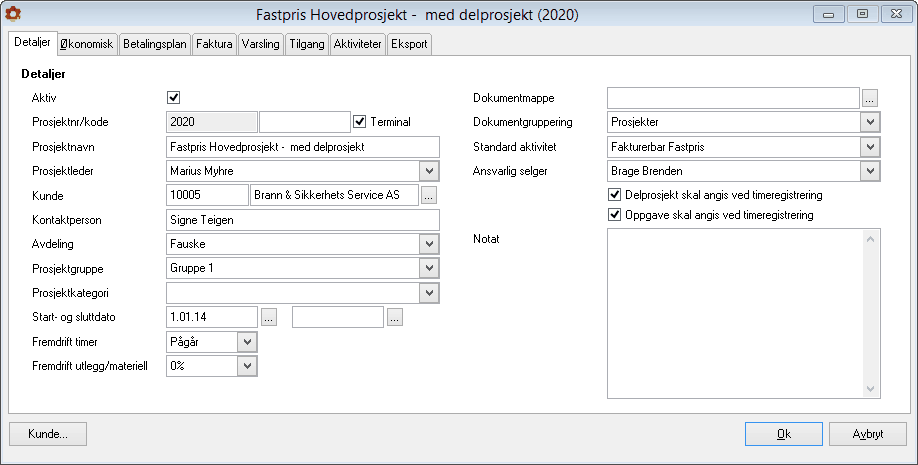 PowerOffice Prosjekt 169 Oppretting av hovedprosjekt Meny: Prosjektoppfølging Trykk Nytt Prosjekt Detaljer Her legger du inn nødvendige prosjektopplysninger som prosjektnummer, prosjektnavn og om