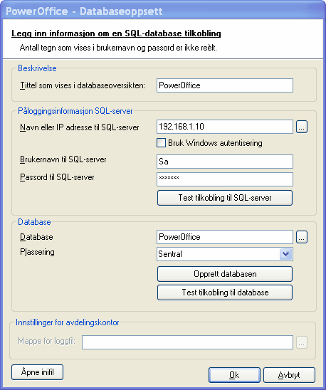 Installasjon og vedlikehold 17 Beskrivelse Tittel som vises i databaseoversikten: Anbefalt beskrivelse for databasen er PowerOffice Påloggingsinformasjon SQL-server Navn eller IP adresse til