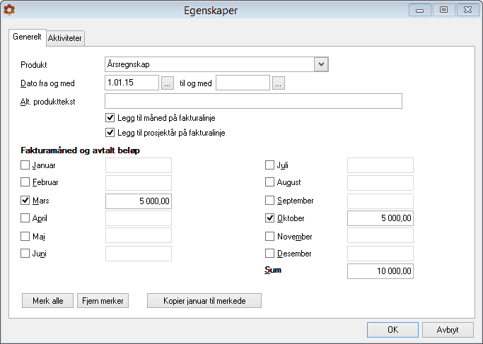 PowerOffice Faktura 197 Via fane Aktiviteter kan du velge hvilke av fastprisaktivitetene som skal inngå i avtalen tilhørende produktet Årsregnskap.