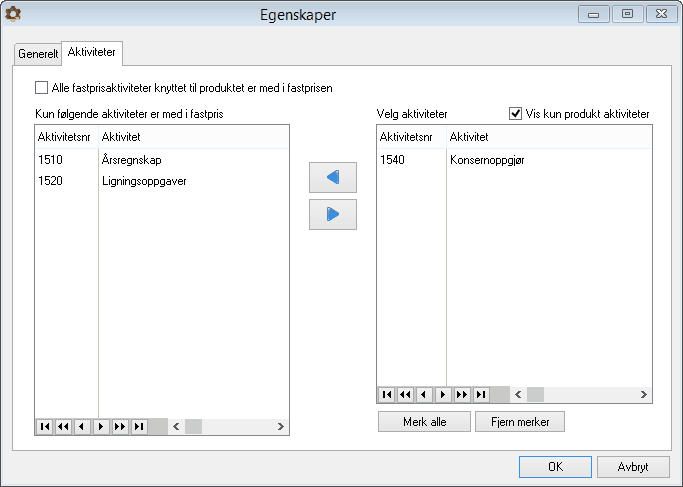198 Hvis du ønsker å lage en fastprisavtale som gjelder fastprisaktiviteter på tvers av produktene, er det også mulig. Du må under fane Generelt velge et produkt.