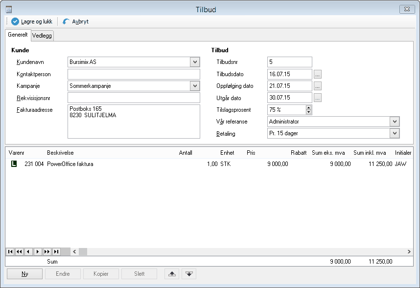 PowerOffice Faktura 237 Hvordan lage tilbud Tilbud opprettes via Fakturameny > Fakturaoversikt >Tilbud Trykk Nytt tilbud - Velg kunde.