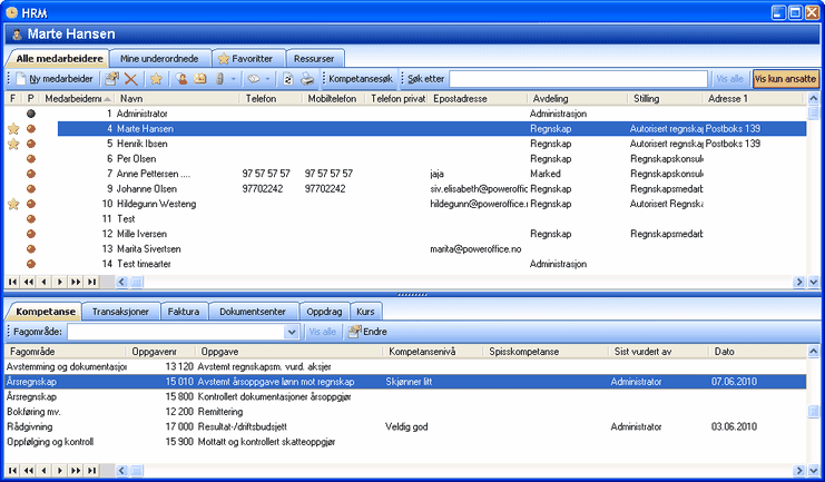 PowerOffice HRM (Human Resource Managment) 245 medarbeider har lagt inn. En oversikt over oppdrag som valgte medarbeider er ansvarlig for.