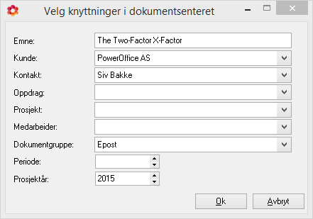 PowerOffice CRM 257 Marker e-posten du vil overføre og trykk på denne knappen. Du vil da kunne velge hvilke kunde m.m du skal kopiere mailen over til. Sende e-post NB!