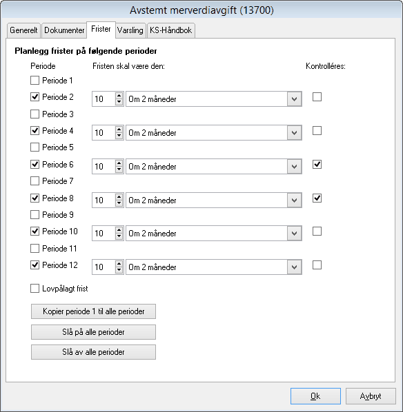 PowerOffice Quality 275 Fane Frister Det er muligheter for å planlegge forskjellige frister på de ulike periodene på en oppgave.