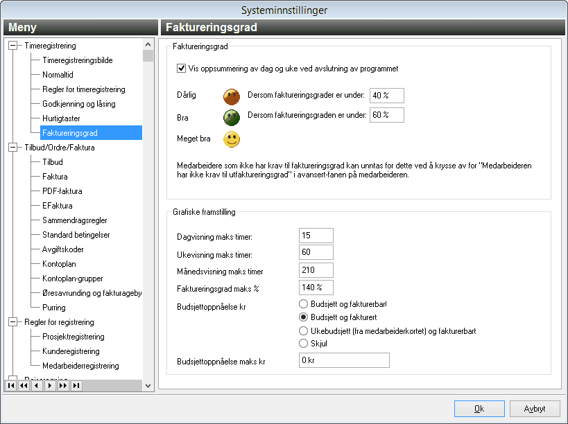 330 13.2 Budsjettoppfølging Det er laget et speedometer i fane Timeføring, hvor hver medarbeider enkelt kan følge med sitt eget budsjett.