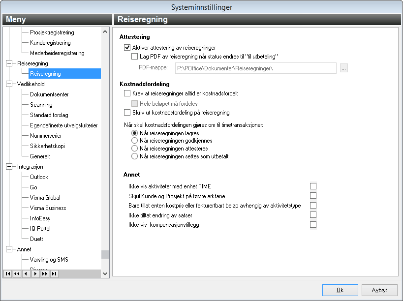 336 Her bestemmer du om reiseregningen skal kostnadsfordeles og på hvilke nivå i attesteringsprosessen kostnadsfordelingen skal gjøres om til timetransaksjoner.