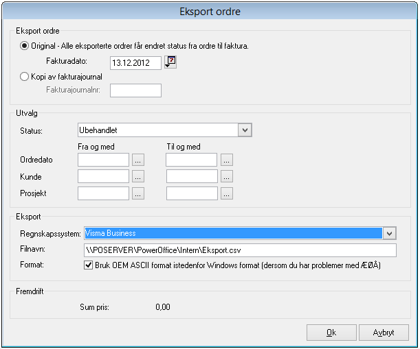 390 Reiseregningnr InvoNo BLANK DueDt BLANK AgRef BLANK R1 BLANK R2 19.3.3 Eksport av ordre I PowerOffice har du mulighet til å eksportere alle ordrer over til Visma for fakturering.