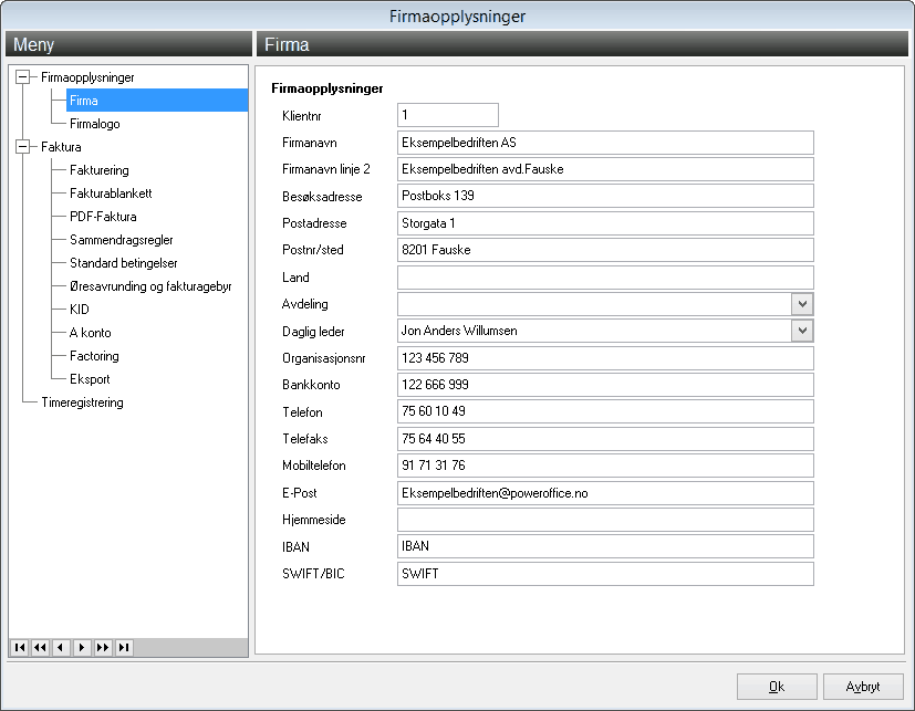 58 Firma Registrer opplysninger om eget firma. Opplysningene vil hentes inn på fakturaer, rapporter, brevmaler og avstemmingsskjemaer m.m. Firmalogo Hvis du ønsker logo på rapportutskrifter fra PowerOffice registrerer du stien her.
