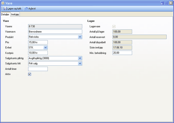 Ajourhold registre 91 Marker ønsket vare i Vareregisteret og velg Endre eller dobbelklikk Hvis varen er en ny lagervare, sett hake ved Lagervare og registrer eventuelt minimumsbeholdning i fane