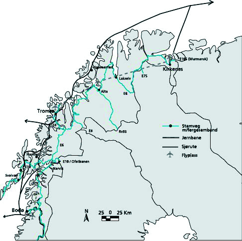 Kapittel 14 St.meld. nr. 46 296 Figur 14.8 Korridor 8 14.1.8 Korridor 8, Bodø - Narvik - Tromsø - Alta -Kirkenes Transportstrømmene for gods og personer i korridor 8 er gjennomgående små.
