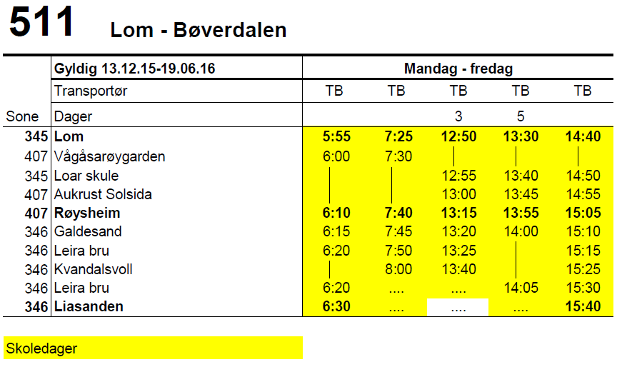 Videre til Galdhøpiggen: Dagens tilbud Rutetilbud Ottadalen - Gudbrandsdalen, mandag-fredag Retning nordover fra Lillehammer, 2.