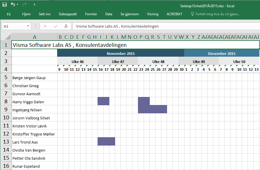 Slik eksporterer du til ferdigformatert Excel-ark: 1. Velg ønsket Enhet (dersom du har stilling på flere enheter) 2. Klikk på "Eksport til Excel" 3.
