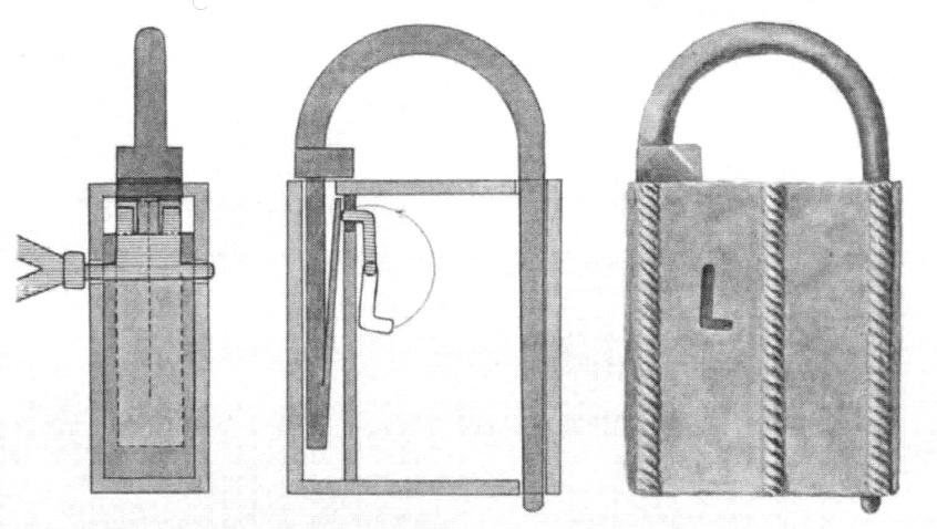 Figur 11. Vrilåsnøkkel med tre tapper og lås med trefliket låsefjær (Almgren 1955:figur 88). Figur 12. Vrilåsnøkkel med to tapper og lås med stående låsefjær (Berg et al. 1966:figur 6).