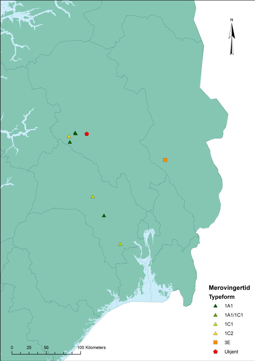 Når det gjelder typeformenes geografiske distribusjon er bildet mer sammensatt enn i EJA, men flere fellestrekk kan observeres.