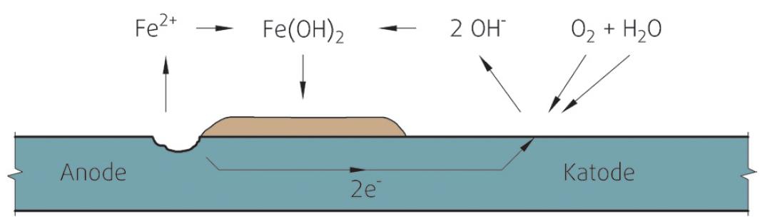 Figur 1: Armeringskorrosjon [3] Ved anoden skjer følgende reaksjon: Metallisk jern jernioner + elektroner Fe Fe 2+ + 2e Katodereaksjon: Oksygen + vann + elektroner hydroksylioner 1 2 O 2 + H 2 O + 2e