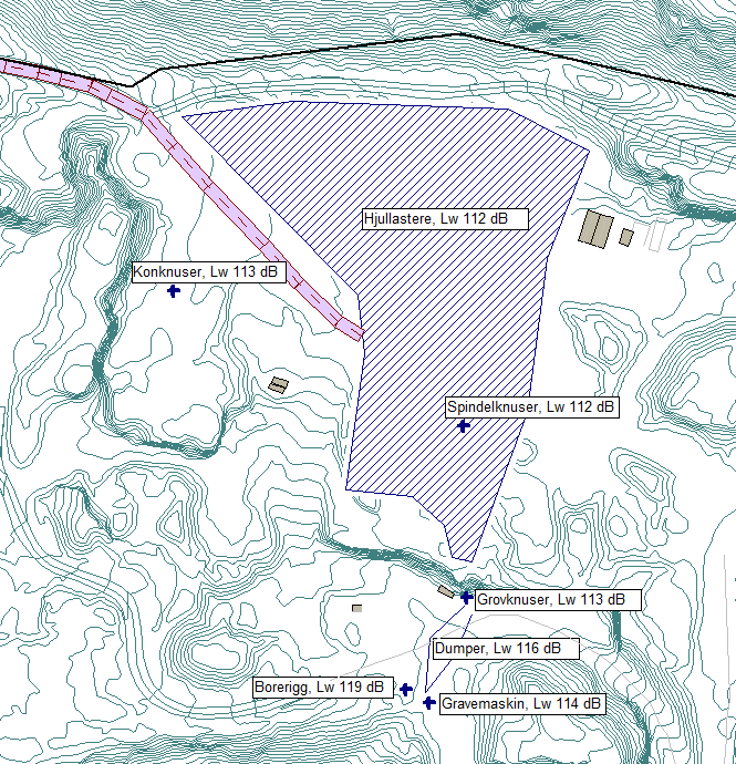 Figur 1: Plassering av støykilder med antatt lydeffektnivå. Lydeffektnivå for knusere inkluderer 5 db demping fra innbygging. 3.