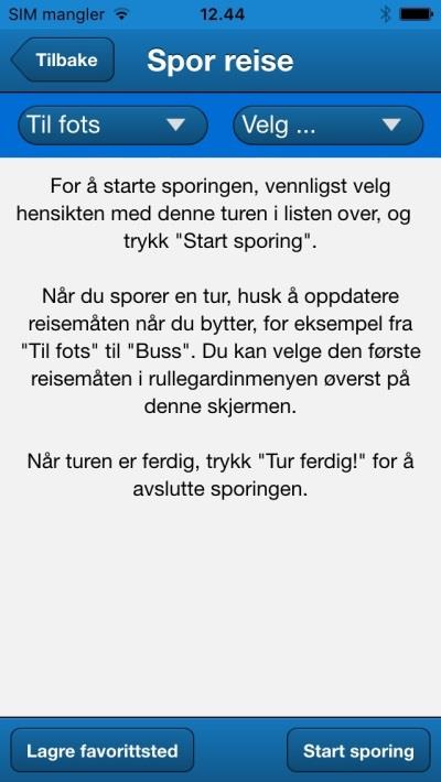 SMiO-Appen: Sporing med appene App-versjon 1 (kompleks) App-versjon 2 (enkel) Handling: Etter at deltakeren har startet sporingen, må det velges en reisehensikt fra listen